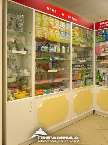 Витрины из ЛДСП. Торговое оборудование для аптеки в Новосибирске на заказ