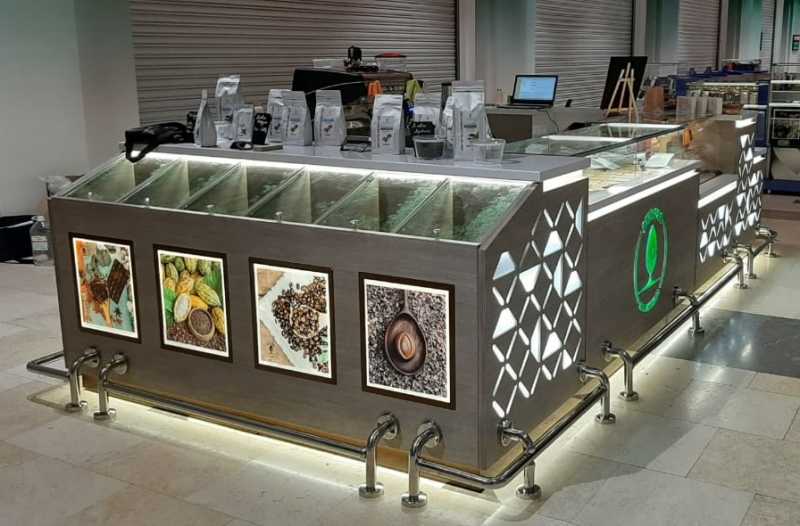Оборудование островного типа для продажи фруктов, кофе, смузи. Заказать оборудование в Новосибирске.