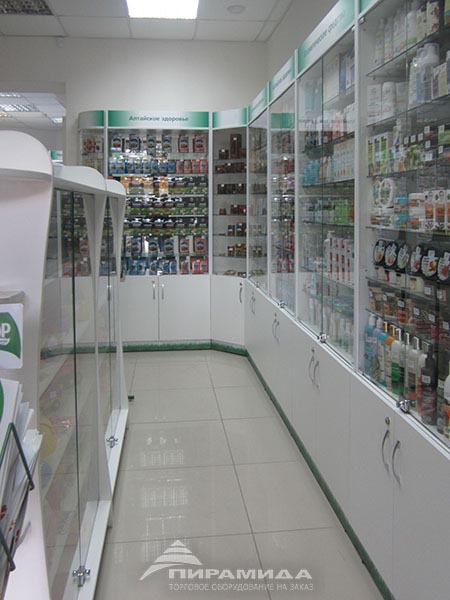 Неглубокие витрины. Торговое оборудование для аптеки на заказ в Новосибирске